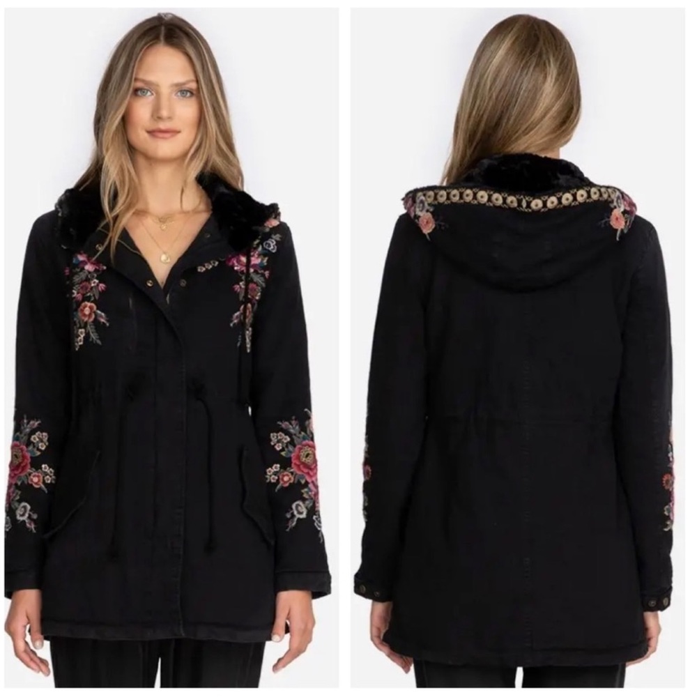 Johnny Was Sabah Faux Fur Lined Embroidered Military Jacket Coat